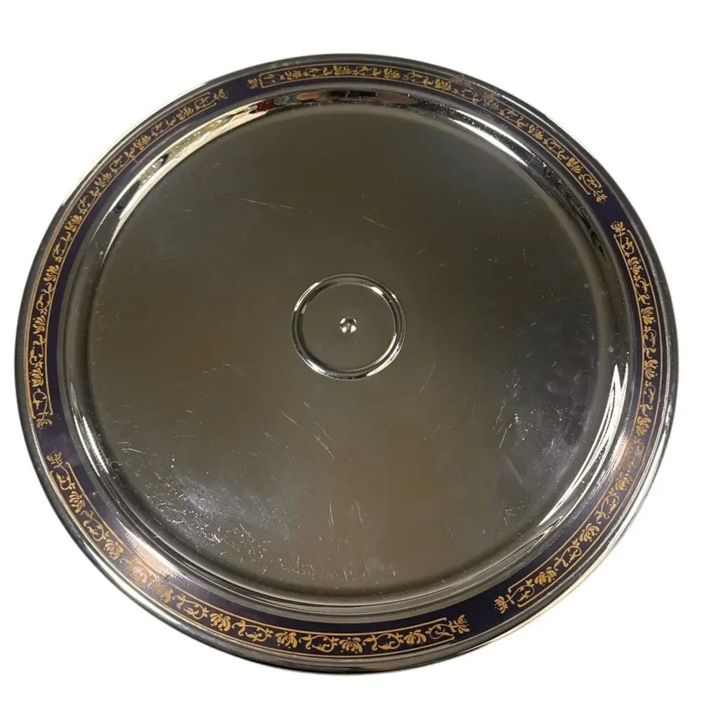 Kromex Chrome Pedestal Tray Blue Gold Scroll Rim USA MCM